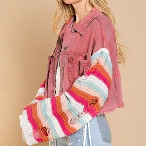 POL NWT Boho Hippie Striped Distressed Knit Crochet Sleeve Jean Jacket